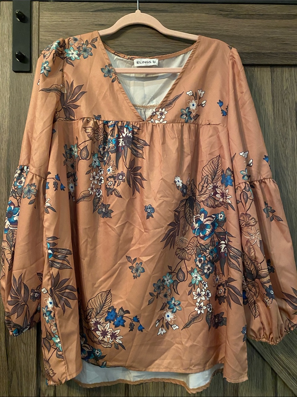 Elings Floral Peasant Blouse Size 2 Peach Blue Long Sleeve Boho Tunic Top